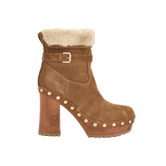 Guess Damina Suede Faux Fur Lined Studded Platform Wood Clog Booties - Picture 2 of 3
